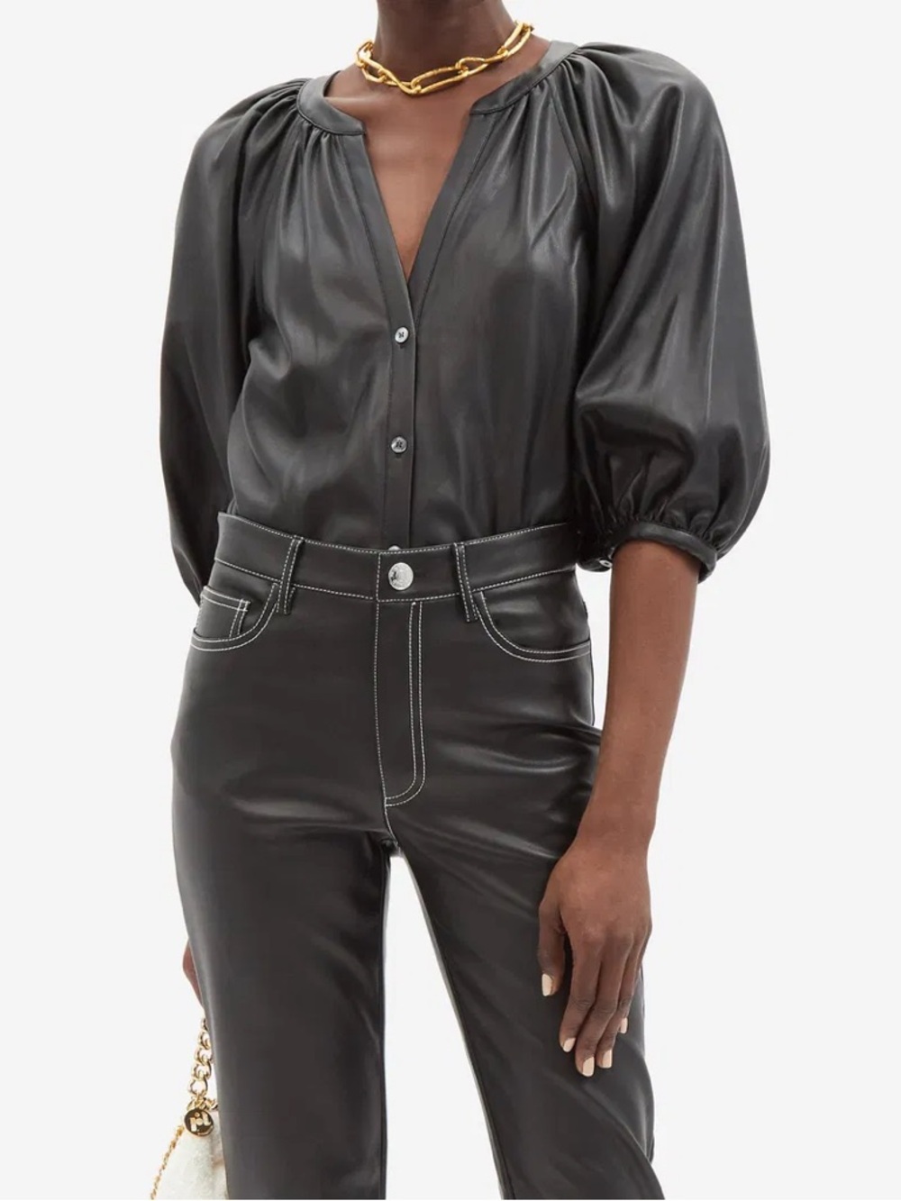 Staud Dill Puff Sleeve Leather Shirt XS